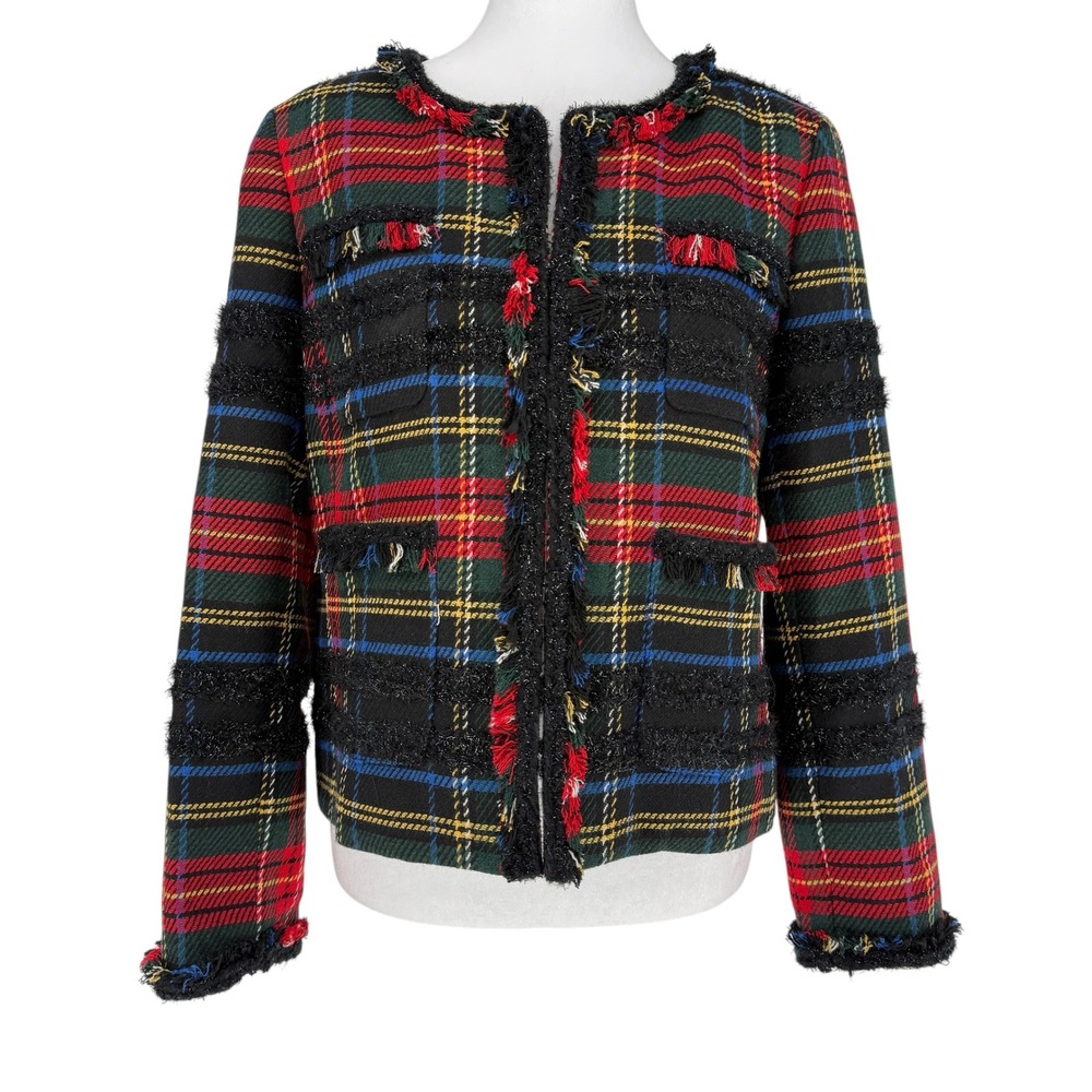 J.Crew Women 10 Multi Color Plaid Tweed Fringe Open Front Blazer Jacket H2632